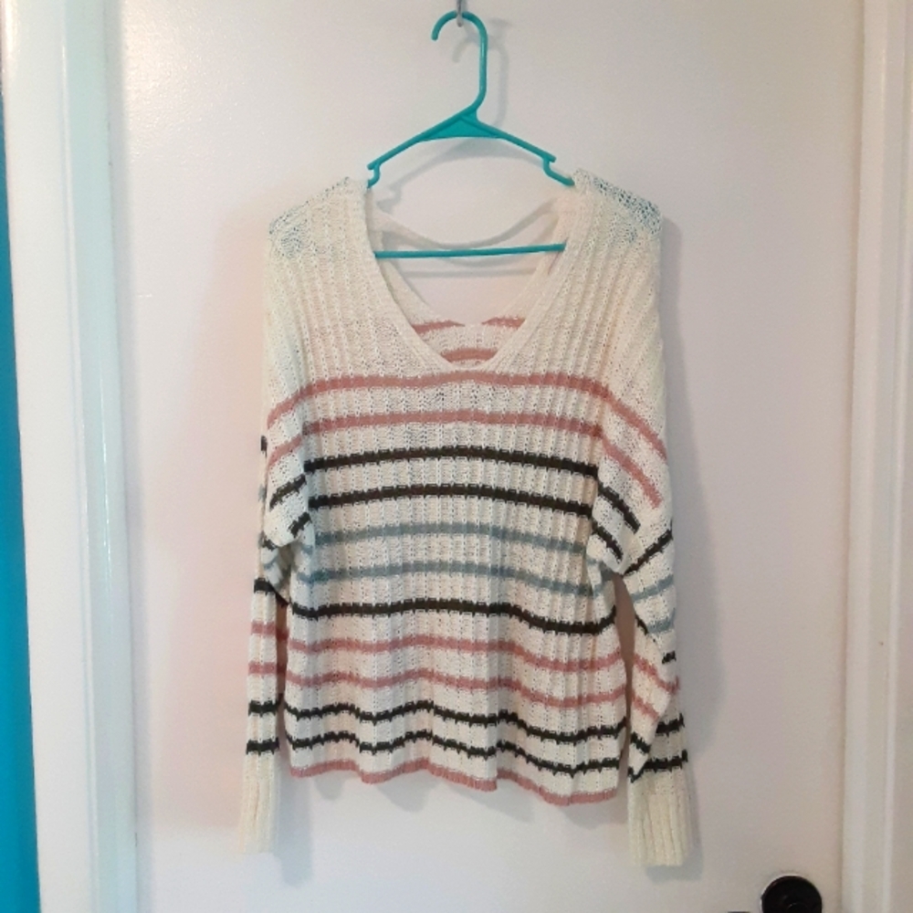 SO sweater v-neck v-back striped cream & multicolor knit size large